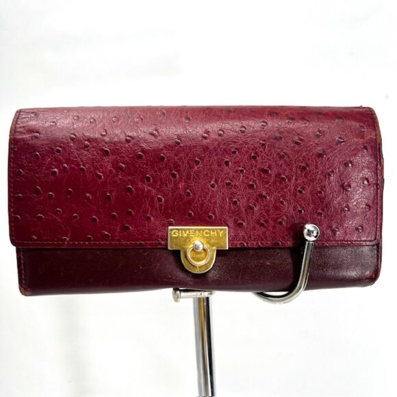 Vintage Retro Givenchy Ostritch  Burgendy Leather  Long Wallet Biflod   Logo(11) - Picture 1 of 12
